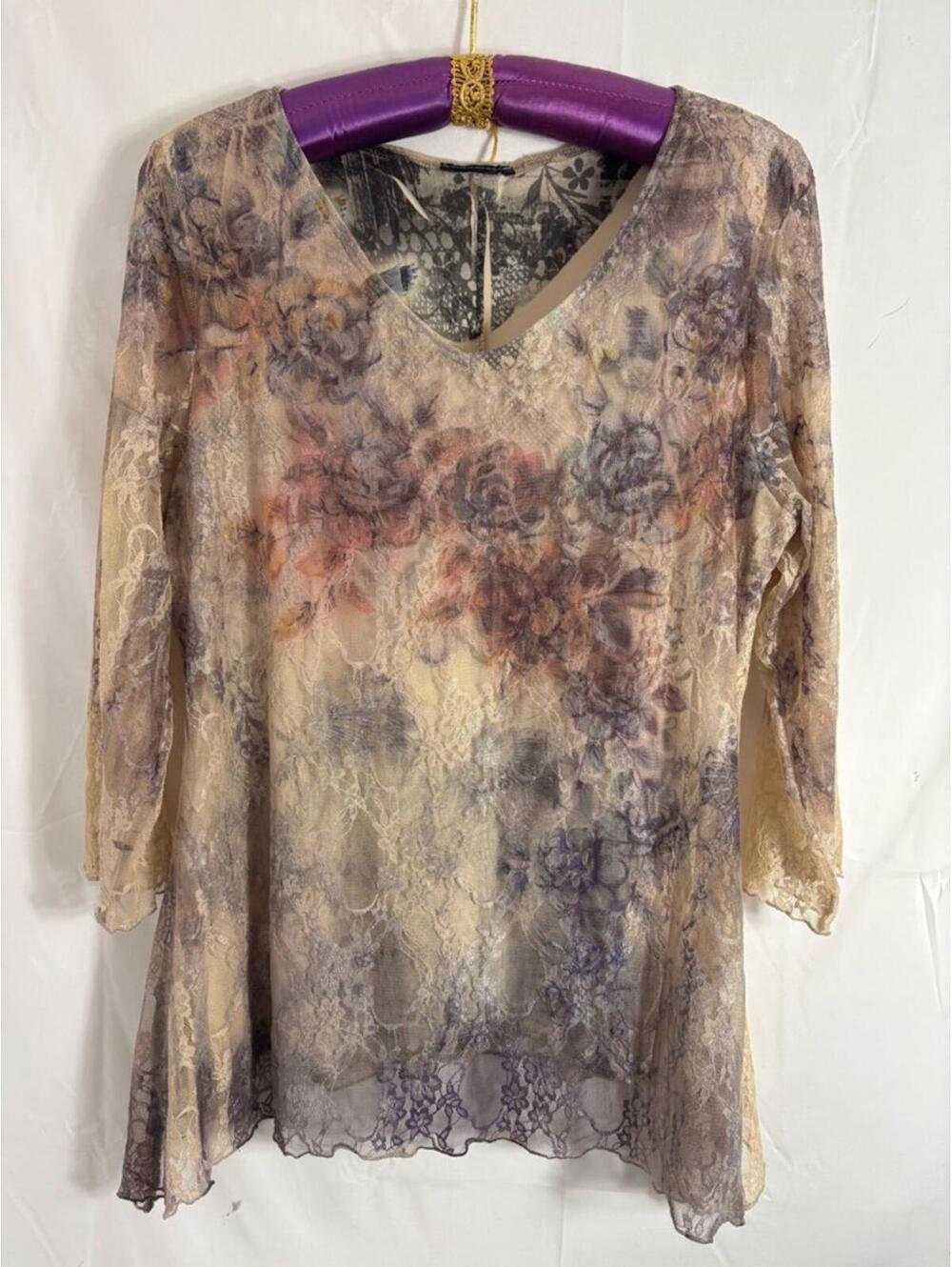 Whimsigoth Romantic Floral Lace V-Neck 3/4 Sleeve Shark-bite Hem Top Size L - Picture 15 of 15